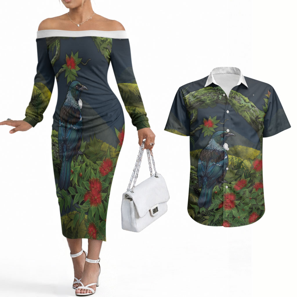 Rongoa Maori New Zealand Rata Couples Matching Off The Shoulder Long Sleeve Dress and Hawaiian Shirt NZ Tui Bird Forest Vibes