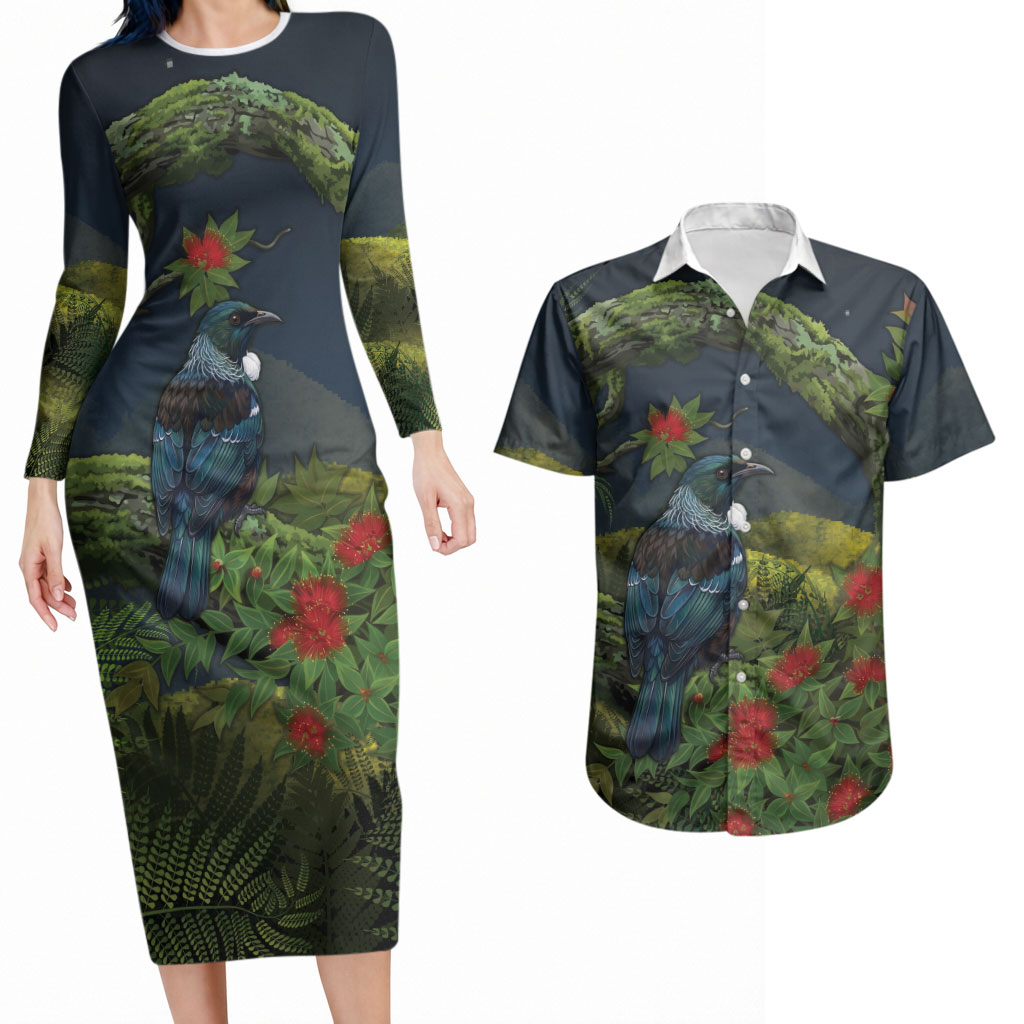 Rongoa Maori New Zealand Rata Couples Matching Long Sleeve Bodycon Dress and Hawaiian Shirt NZ Tui Bird Forest Vibes