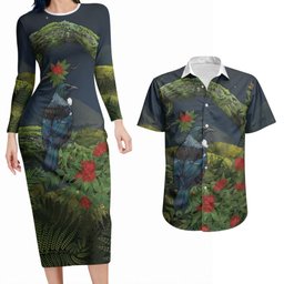 Rongoa Maori New Zealand Rata Couples Matching Long Sleeve Bodycon Dress and Hawaiian Shirt NZ Tui Bird Forest Vibes