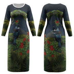 Rongoa Maori New Zealand Rata Couples Matching Long Sleeve Bodycon Dress and Hawaiian Shirt NZ Tui Bird Forest Vibes