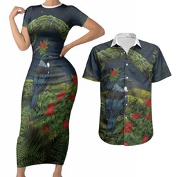 Rongoa Maori New Zealand Rata Couples Matching Short Sleeve Bodycon Dress and Hawaiian Shirt NZ Tui Bird Forest Vibes