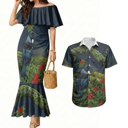 Rongoa Maori New Zealand Rata Couples Matching Mermaid Dress and Hawaiian Shirt NZ Tui Bird Forest Vibes
