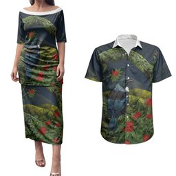Rongoa Maori New Zealand Rata Couples Matching Puletasi and Hawaiian Shirt NZ Tui Bird Forest Vibes