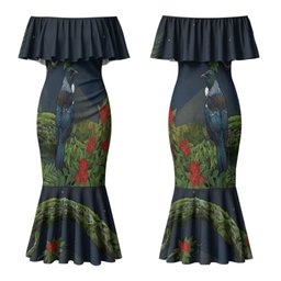 Rongoa Maori New Zealand Rata Couples Matching Mermaid Dress and Hawaiian Shirt NZ Tui Bird Forest Vibes