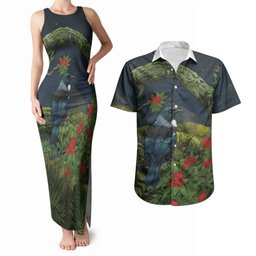 Rongoa Maori New Zealand Rata Couples Matching Tank Maxi Dress and Hawaiian Shirt NZ Tui Bird Forest Vibes