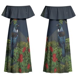 Rongoa Maori New Zealand Rata Couples Matching Off Shoulder Maxi Dress and Hawaiian Shirt NZ Tui Bird Forest Vibes