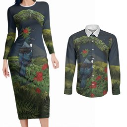 Rongoa Maori New Zealand Rata Couples Matching Long Sleeve Bodycon Dress and Long Sleeve Button Shirt NZ Tui Bird Forest Vibes