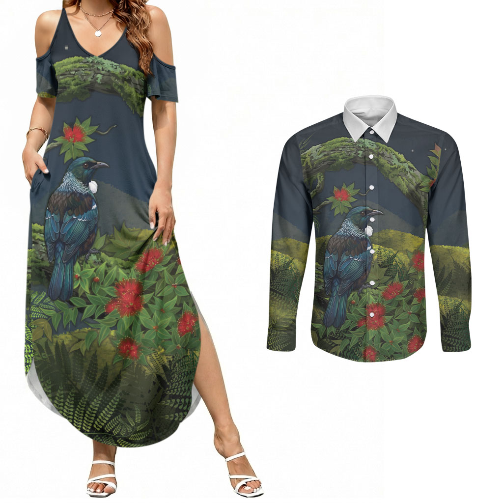 Rongoa Maori New Zealand Rata Couples Matching Summer Maxi Dress and Long Sleeve Button Shirt NZ Tui Bird Forest Vibes