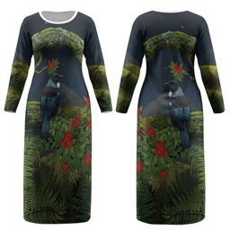 Rongoa Maori New Zealand Rata Couples Matching Long Sleeve Bodycon Dress and Long Sleeve Button Shirt NZ Tui Bird Forest Vibes