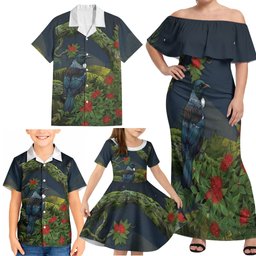 Rongoa Maori New Zealand Rata Family Matching Off Shoulder Maxi Dress and Hawaiian Shirt NZ Tui Bird Forest Vibes