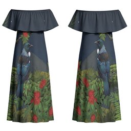 Rongoa Maori New Zealand Rata Family Matching Off Shoulder Maxi Dress and Hawaiian Shirt NZ Tui Bird Forest Vibes