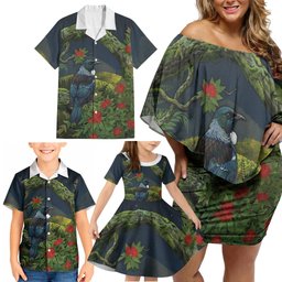 Rongoa Maori New Zealand Rata Family Matching Off Shoulder Short Dress and Hawaiian Shirt NZ Tui Bird Forest Vibes