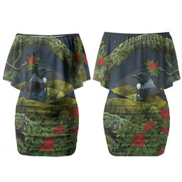 Rongoa Maori New Zealand Rata Family Matching Off Shoulder Short Dress and Hawaiian Shirt NZ Tui Bird Forest Vibes