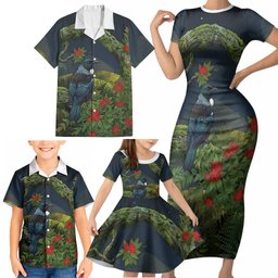 Rongoa Maori New Zealand Rata Family Matching Short Sleeve Bodycon Dress and Hawaiian Shirt NZ Tui Bird Forest Vibes