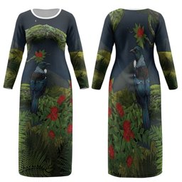 Rongoa Maori New Zealand Rata Family Matching Long Sleeve Bodycon Dress and Hawaiian Shirt NZ Tui Bird Forest Vibes
