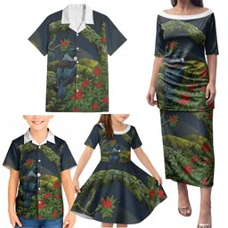 Rongoa Maori New Zealand Rata Family Matching Puletasi and Hawaiian Shirt NZ Tui Bird Forest Vibes