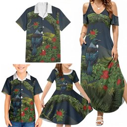 Rongoa Maori New Zealand Rata Family Matching Summer Maxi Dress and Hawaiian Shirt NZ Tui Bird Forest Vibes