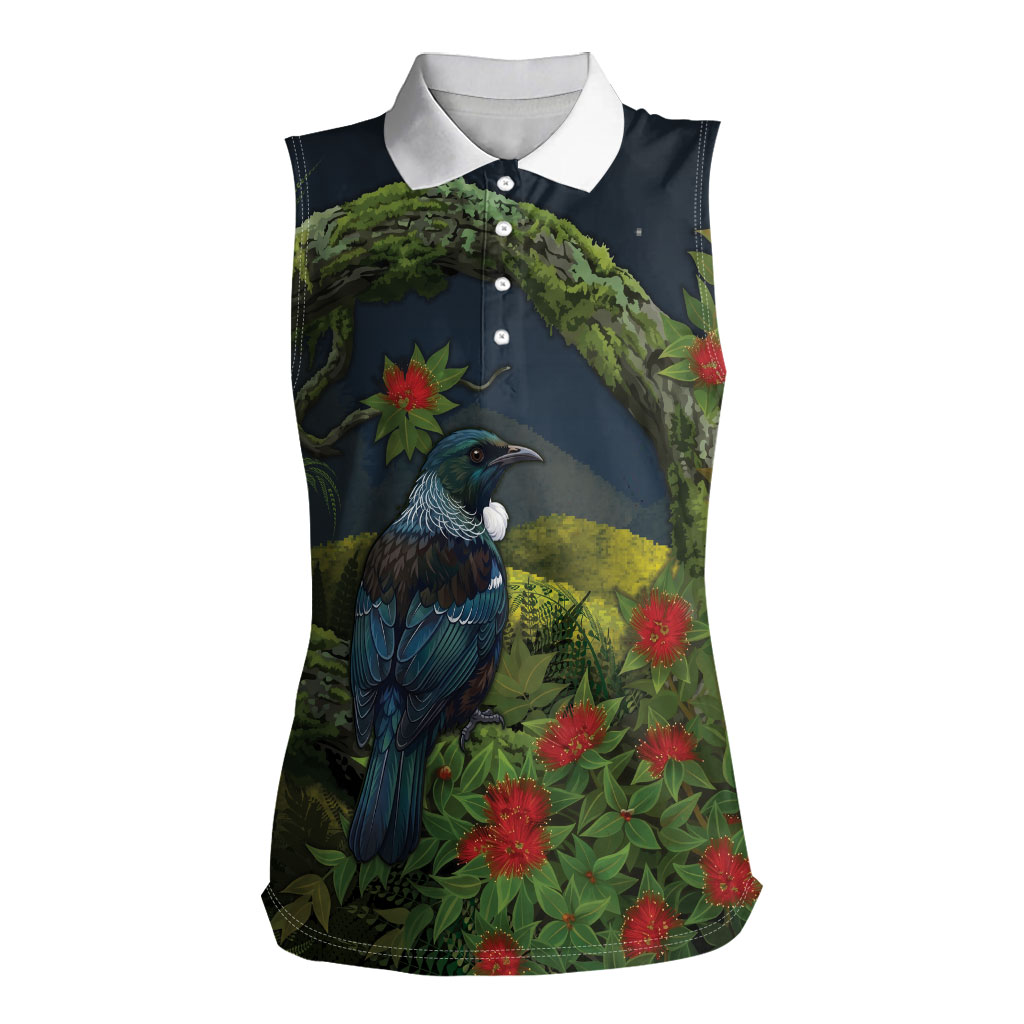 Rongoa Maori New Zealand Rata Women Sleeveless Polo Shirt NZ Tui Bird Forest Vibes