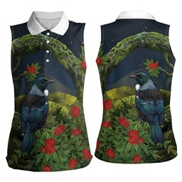 Rongoa Maori New Zealand Rata Women Sleeveless Polo Shirt NZ Tui Bird Forest Vibes
