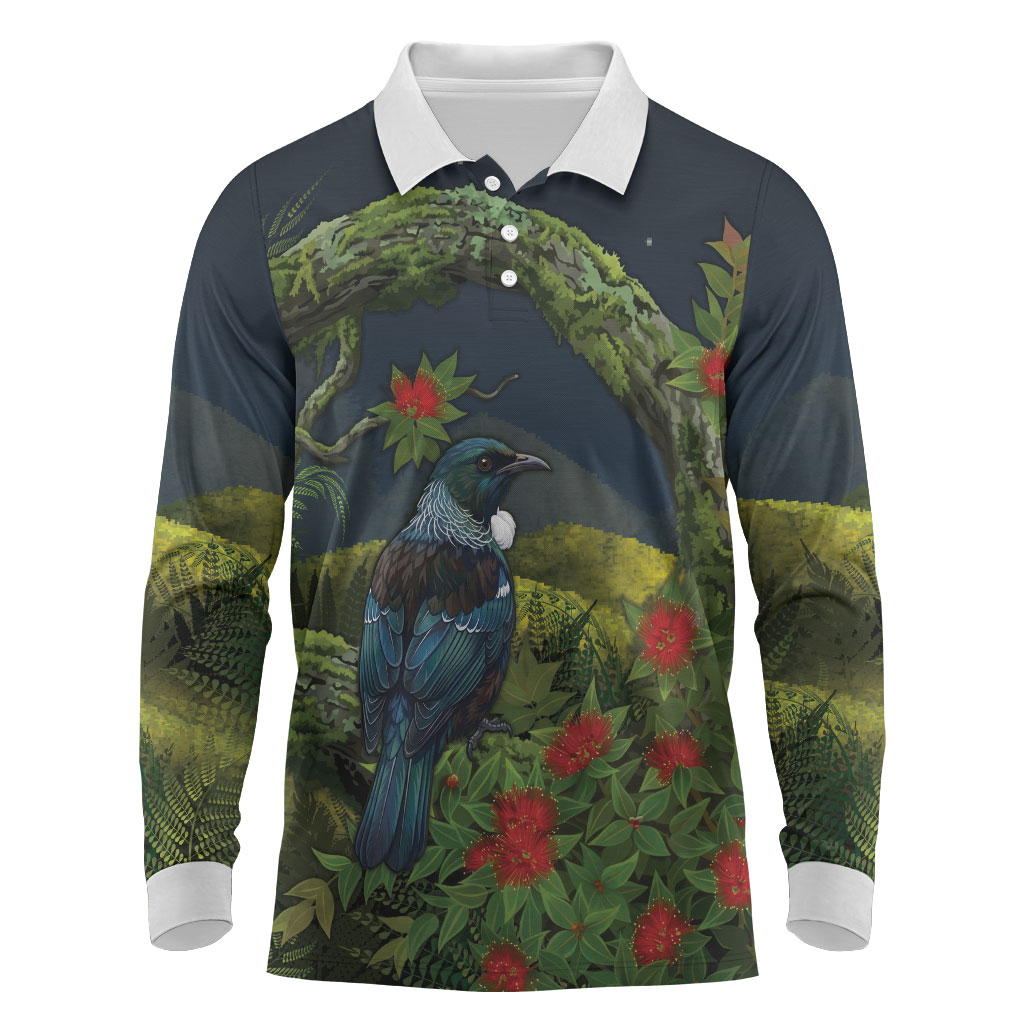 Rongoa Maori New Zealand Rata Long Sleeve Polo Shirt NZ Tui Bird Forest Vibes