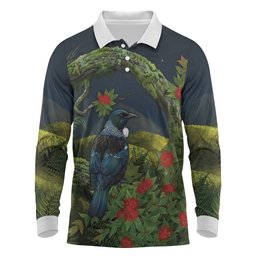 Rongoa Maori New Zealand Rata Long Sleeve Polo Shirt NZ Tui Bird Forest Vibes