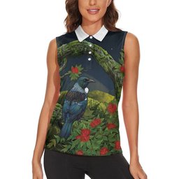 Rongoa Maori New Zealand Rata Women Sleeveless Polo Shirt NZ Tui Bird Forest Vibes