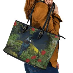 Rongoa Maori New Zealand Rata Leather Tote Bag NZ Tui Bird Forest Vibes