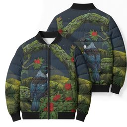 Rongoa Maori New Zealand Rata Bomber Puffer Jacket NZ Tui Bird Forest Vibes