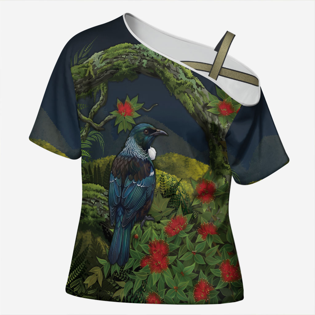 Rongoa Maori New Zealand Rata Cross Shoulder Shirt NZ Tui Bird Forest Vibes