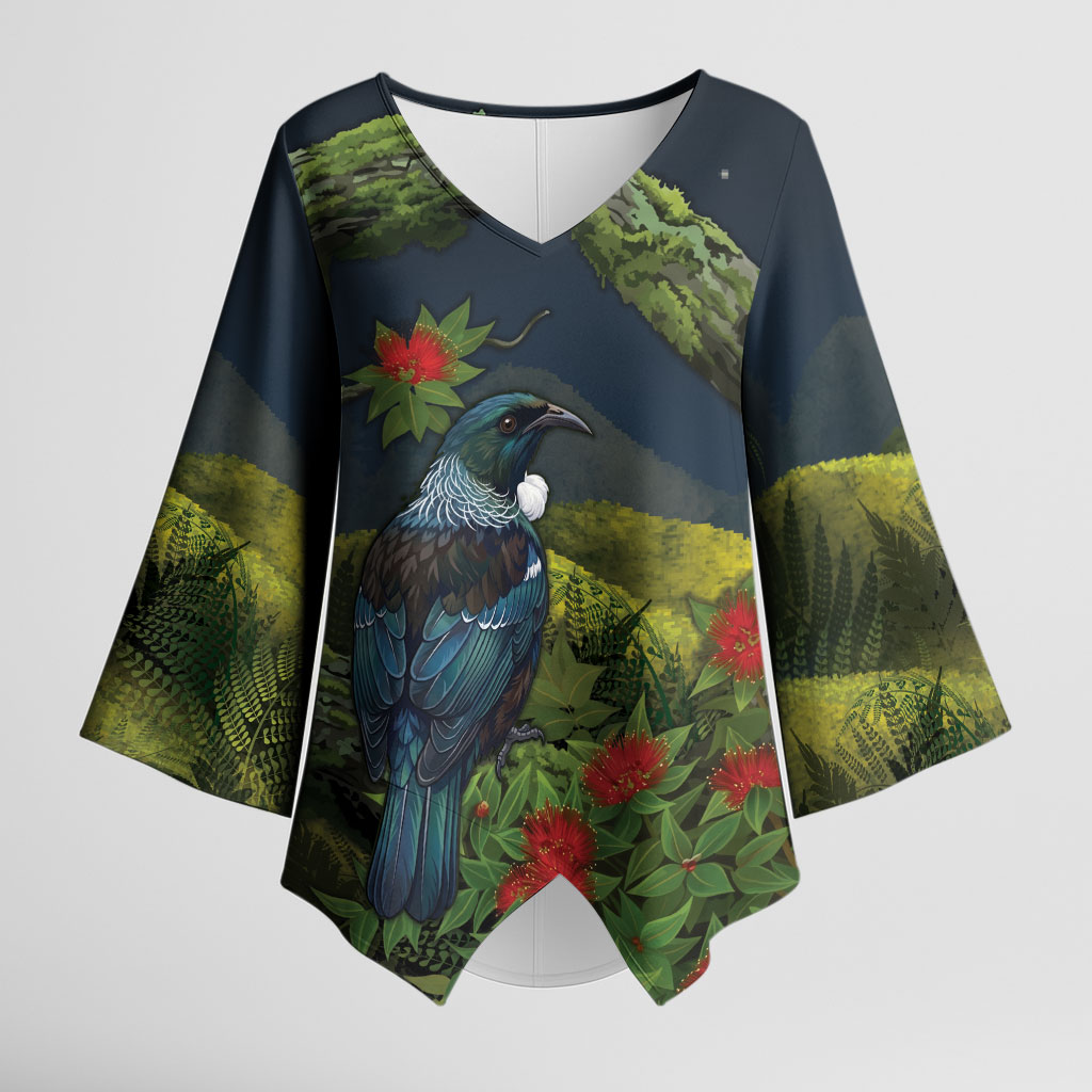 Rongoa Maori New Zealand Rata Kimono Sleeve Blouse NZ Tui Bird Forest Vibes