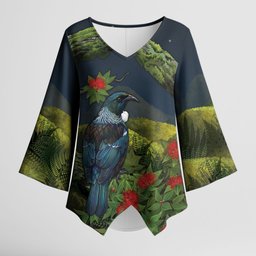 Rongoa Maori New Zealand Rata Kimono Sleeve Blouse NZ Tui Bird Forest Vibes