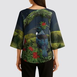 Rongoa Maori New Zealand Rata Kimono Sleeve Blouse NZ Tui Bird Forest Vibes