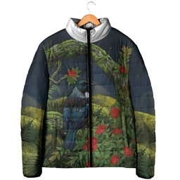 Rongoa Maori New Zealand Rata Padded Jacket NZ Tui Bird Forest Vibes