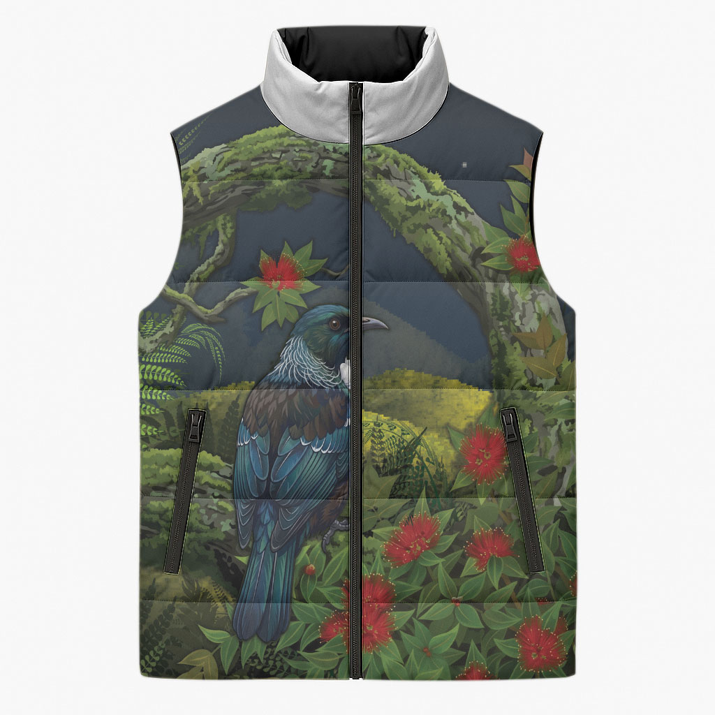 Rongoa Maori New Zealand Rata Sleeveless Puffer Jacket NZ Tui Bird Forest Vibes