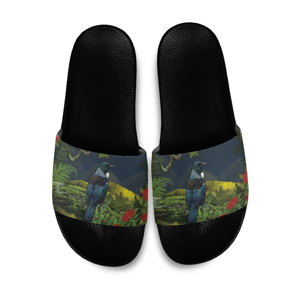 Rongoa Maori New Zealand Rata Slide Sandals NZ Tui Bird Forest Vibes