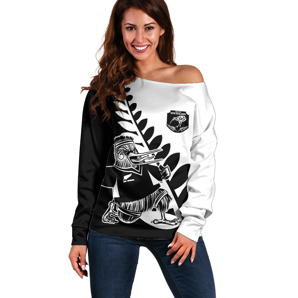 Custom Aotearoa Rugby League Off Shoulder Sweater Kiwi Haka and Fern - Sporty Style