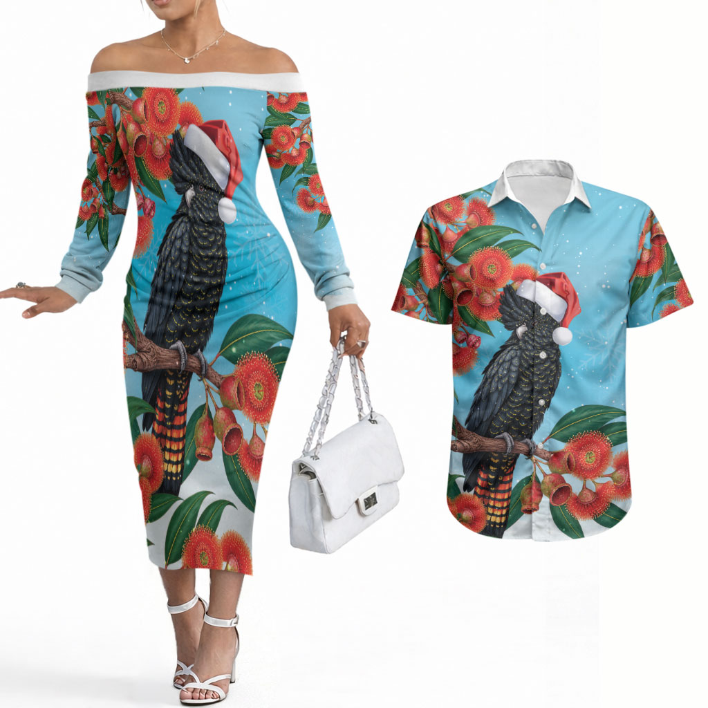 Australia Cockatoo Festive Christmas Couples Matching Off The Shoulder Long Sleeve Dress and Hawaiian Shirt