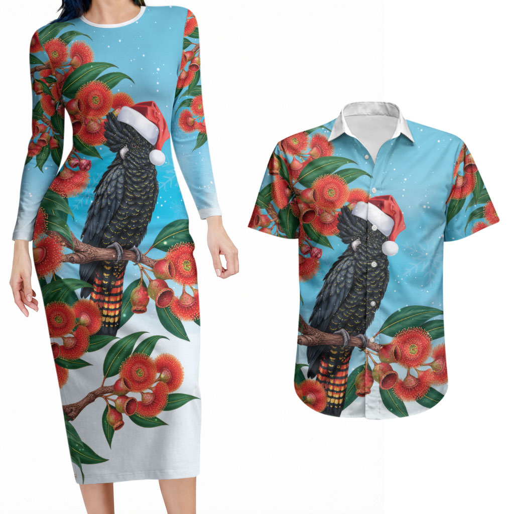 Australia Cockatoo Festive Christmas Couples Matching Long Sleeve Bodycon Dress and Hawaiian Shirt
