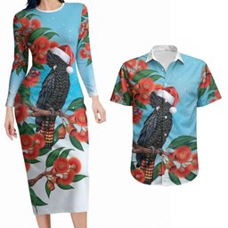 Australia Cockatoo Festive Christmas Couples Matching Long Sleeve Bodycon Dress and Hawaiian Shirt