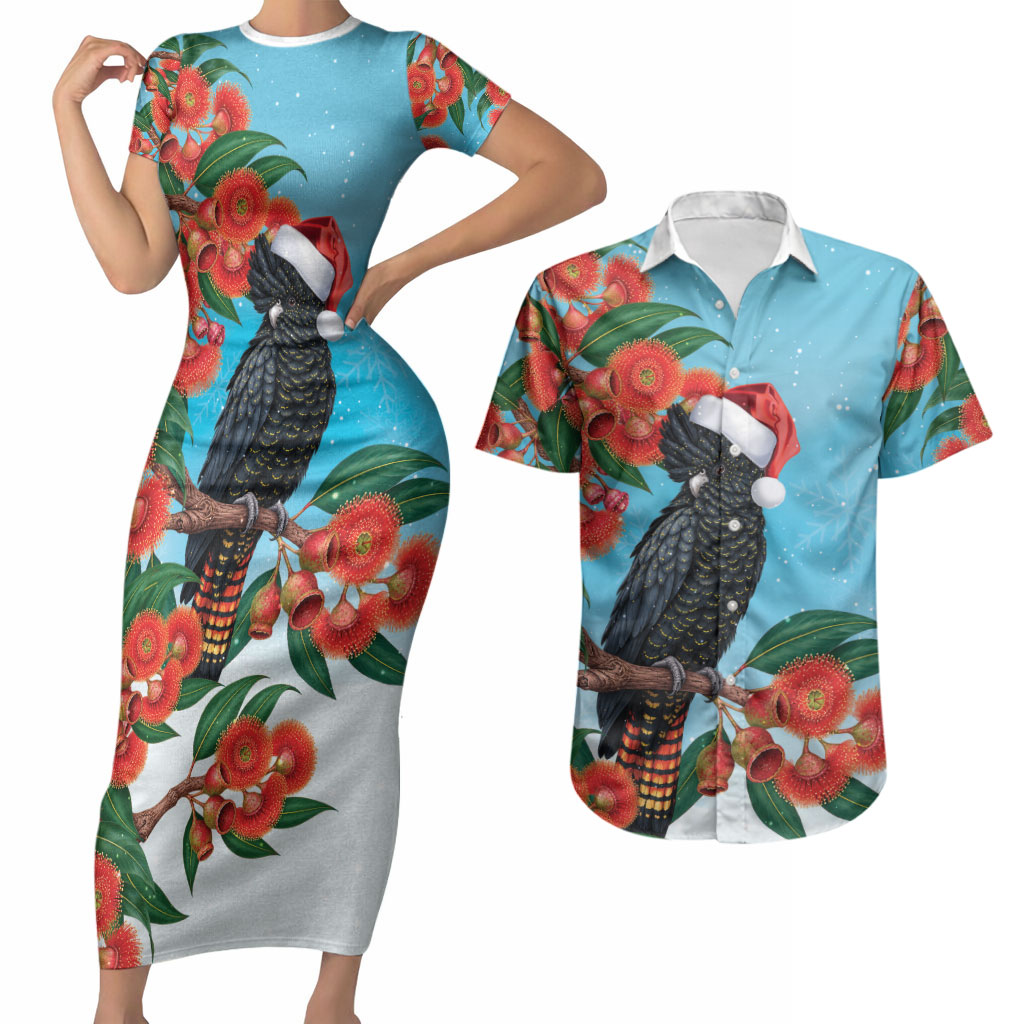 Australia Cockatoo Festive Christmas Couples Matching Short Sleeve Bodycon Dress and Hawaiian Shirt
