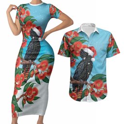 Australia Cockatoo Festive Christmas Couples Matching Short Sleeve Bodycon Dress and Hawaiian Shirt