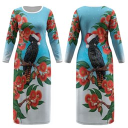Australia Cockatoo Festive Christmas Couples Matching Long Sleeve Bodycon Dress and Hawaiian Shirt