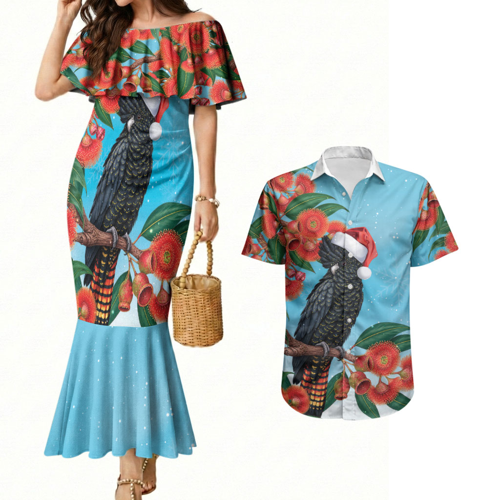 Australia Cockatoo Festive Christmas Couples Matching Mermaid Dress and Hawaiian Shirt