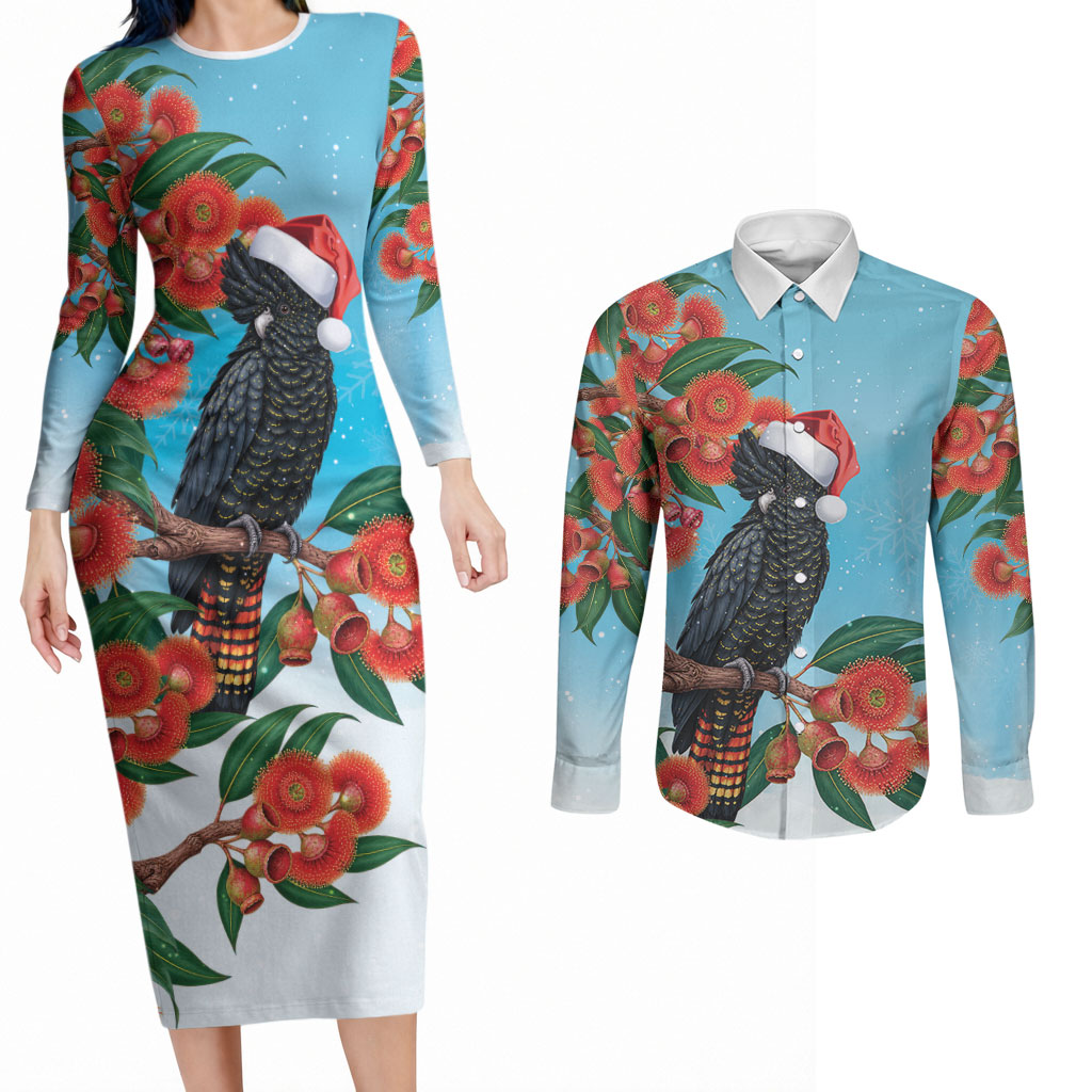 Australia Cockatoo Festive Christmas Couples Matching Long Sleeve Bodycon Dress and Long Sleeve Button Shirt
