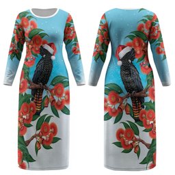 Australia Cockatoo Festive Christmas Couples Matching Long Sleeve Bodycon Dress and Long Sleeve Button Shirt