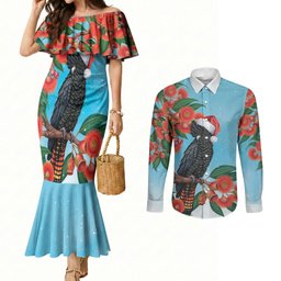 Australia Cockatoo Festive Christmas Couples Matching Mermaid Dress and Long Sleeve Button Shirt