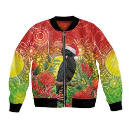 Australia Christmas Black Cockatoo Bomber Jacket Aboriginal Art