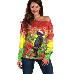 Australia Christmas Black Cockatoo Off Shoulder Sweater Aboriginal Art