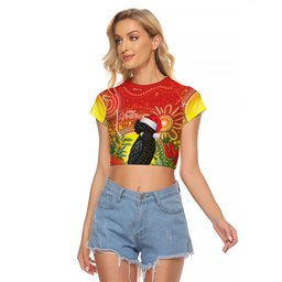 Australia Christmas Black Cockatoo Raglan Cropped T Shirt Aboriginal Art