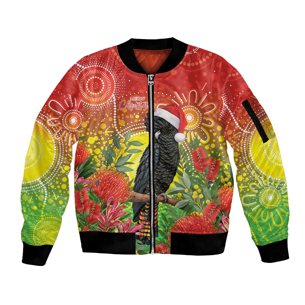 Australia Christmas Black Cockatoo Sleeve Zip Bomber Jacket Aboriginal Art